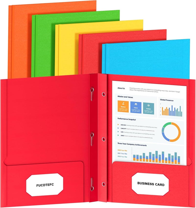 FUCDTEFC 2 Pocket Folders with Prongs, 5 Pack Paper Folders with Pockets and Prongs, File Folders with Fasteners, Heavy Duty Two Pocket 3 Prong Folders for Office School Letter Size, 5 Bright Color - Image 1